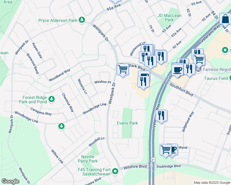 map of restaurants, bars, coffee shops, grocery stores, and more near 110 Westpark Drive in Fort Saskatchewan