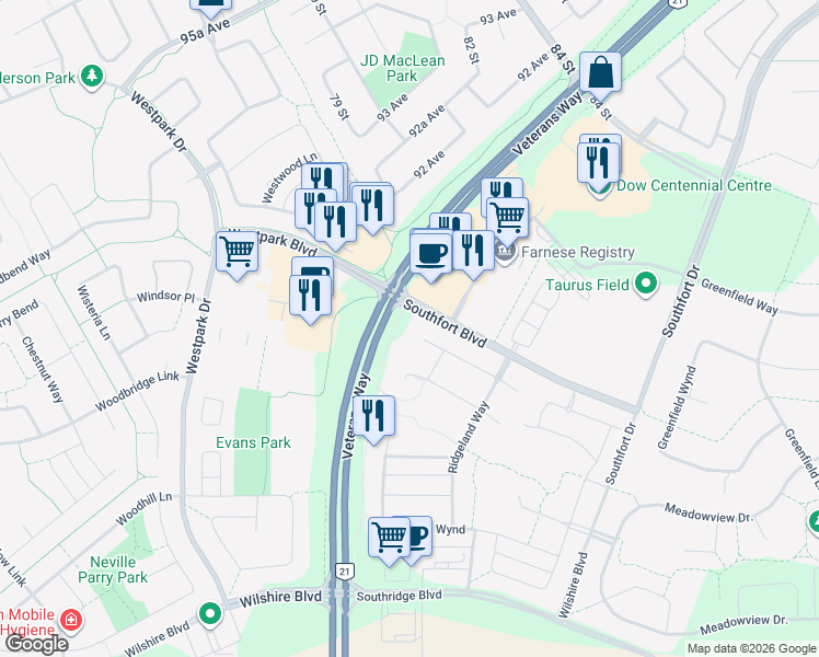 map of restaurants, bars, coffee shops, grocery stores, and more near 23 Reed Court in Fort Saskatchewan