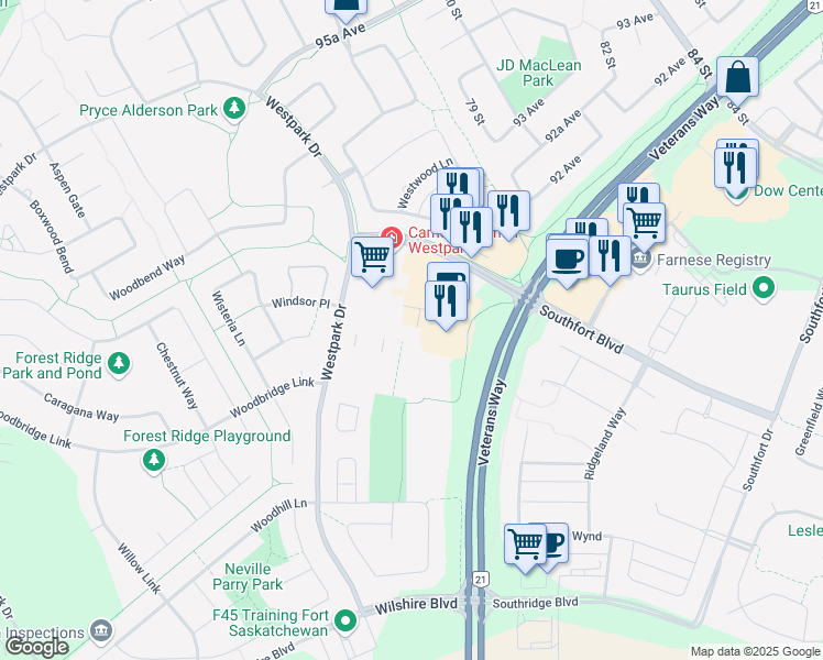 map of restaurants, bars, coffee shops, grocery stores, and more near 50 Westpark Boulevard in Fort Saskatchewan