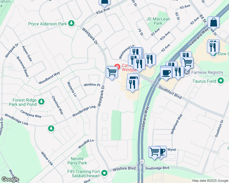 map of restaurants, bars, coffee shops, grocery stores, and more near 214 Westpark Drive in Fort Saskatchewan