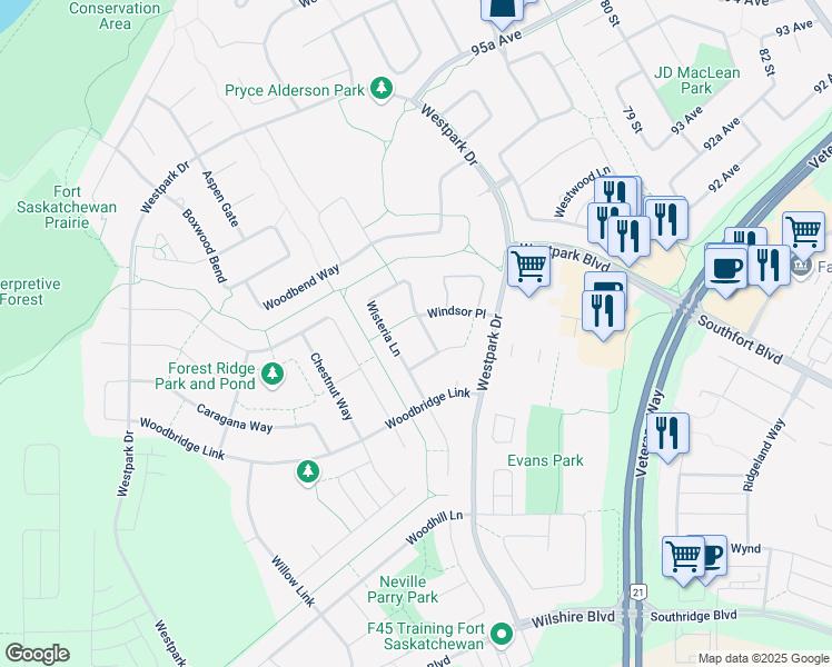 map of restaurants, bars, coffee shops, grocery stores, and more near 10 Wisteria Lane in Fort Saskatchewan