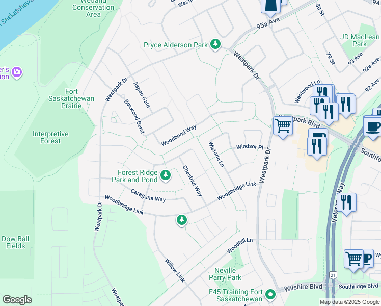 map of restaurants, bars, coffee shops, grocery stores, and more near 154 Cranberry Bend in Fort Saskatchewan