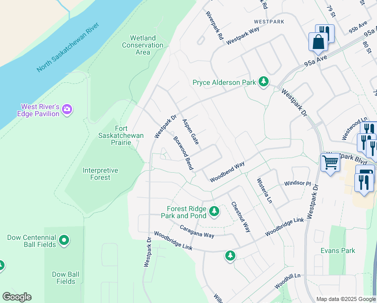 map of restaurants, bars, coffee shops, grocery stores, and more near 54 Boxwood Bend in Fort Saskatchewan