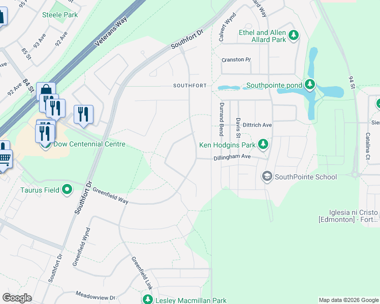 map of restaurants, bars, coffee shops, grocery stores, and more near 152 Greenfield Way in Fort Saskatchewan