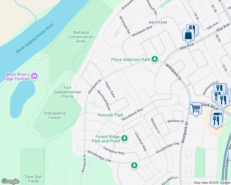 map of restaurants, bars, coffee shops, grocery stores, and more near 5 Almond Bay in Fort Saskatchewan