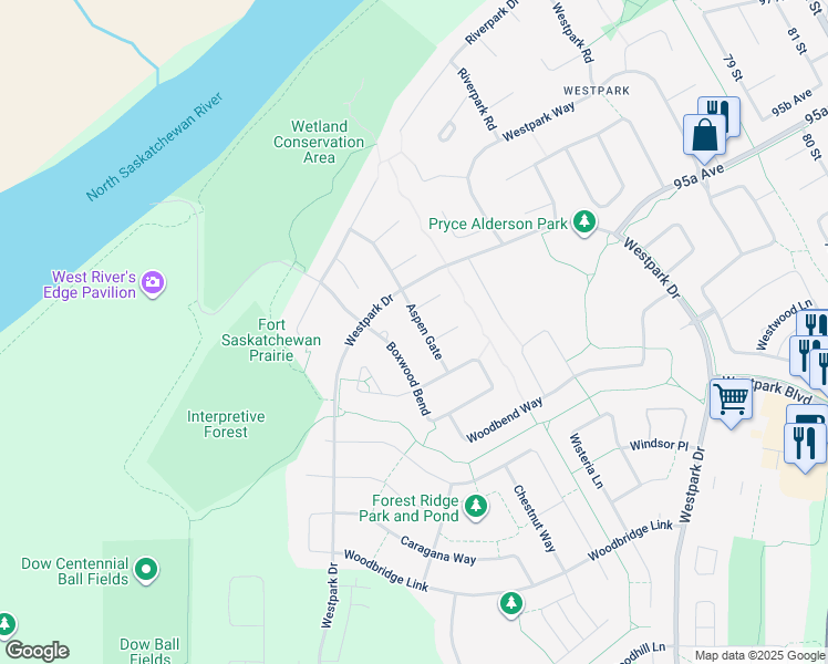 map of restaurants, bars, coffee shops, grocery stores, and more near 33 Aspen Gate in Fort Saskatchewan