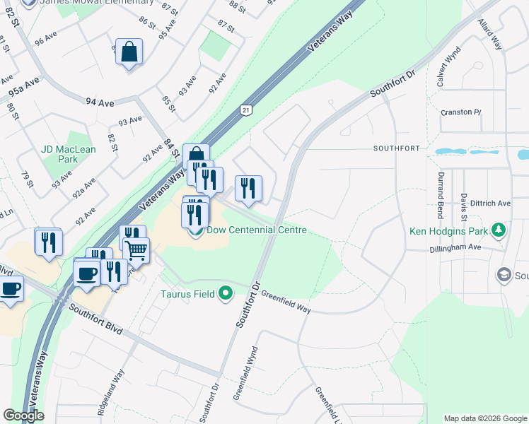 map of restaurants, bars, coffee shops, grocery stores, and more near 37 Galloway Wynd in Fort Saskatchewan