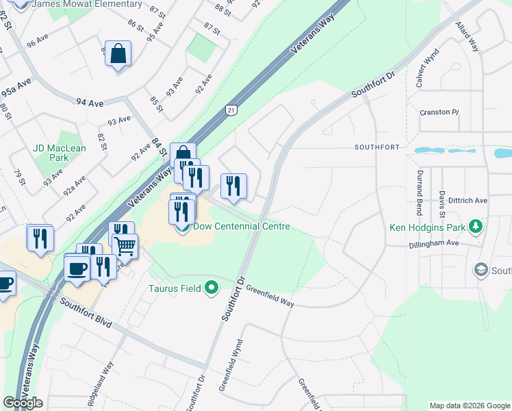map of restaurants, bars, coffee shops, grocery stores, and more near 45 Galloway Wynd in Fort Saskatchewan