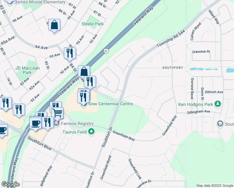 map of restaurants, bars, coffee shops, grocery stores, and more near 43 Galloway Wynd in Fort Saskatchewan