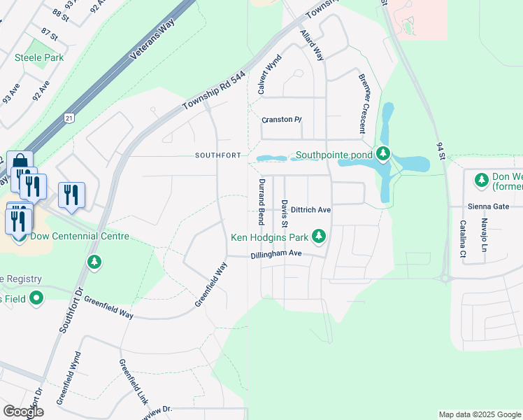 map of restaurants, bars, coffee shops, grocery stores, and more near Durrand Bend in Fort Saskatchewan