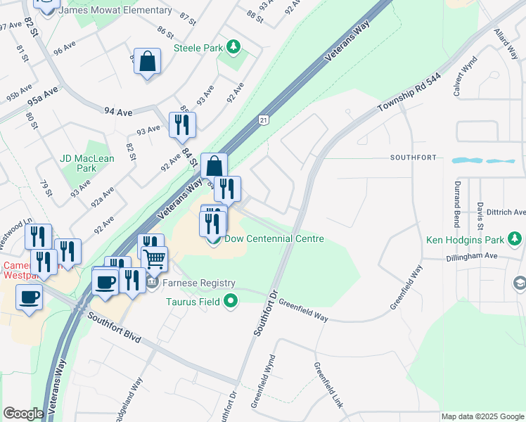 map of restaurants, bars, coffee shops, grocery stores, and more near 15 Galloway Wynd in Fort Saskatchewan