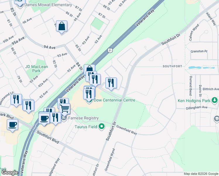 map of restaurants, bars, coffee shops, grocery stores, and more near 13 Galloway Wynd in Fort Saskatchewan