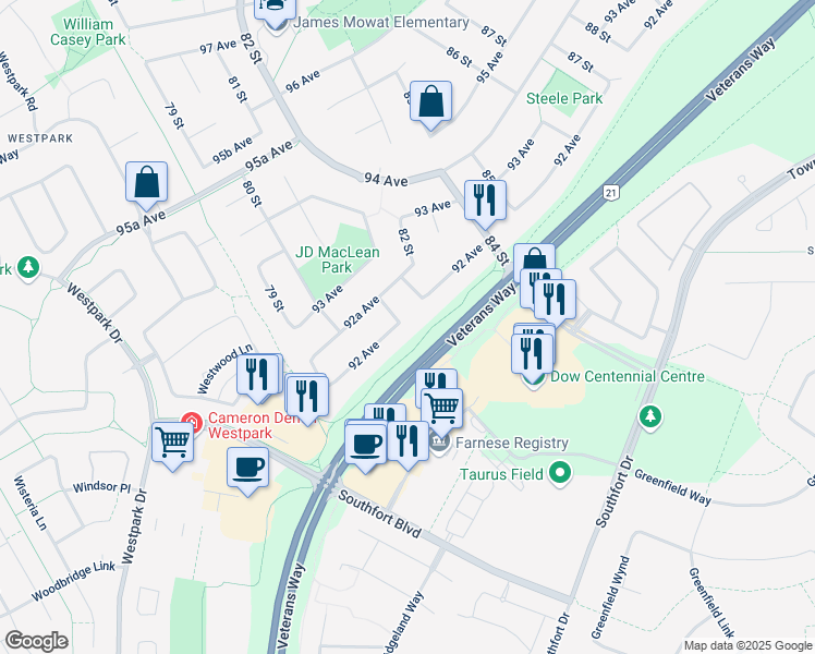 map of restaurants, bars, coffee shops, grocery stores, and more near 7951 92 Avenue in Fort Saskatchewan