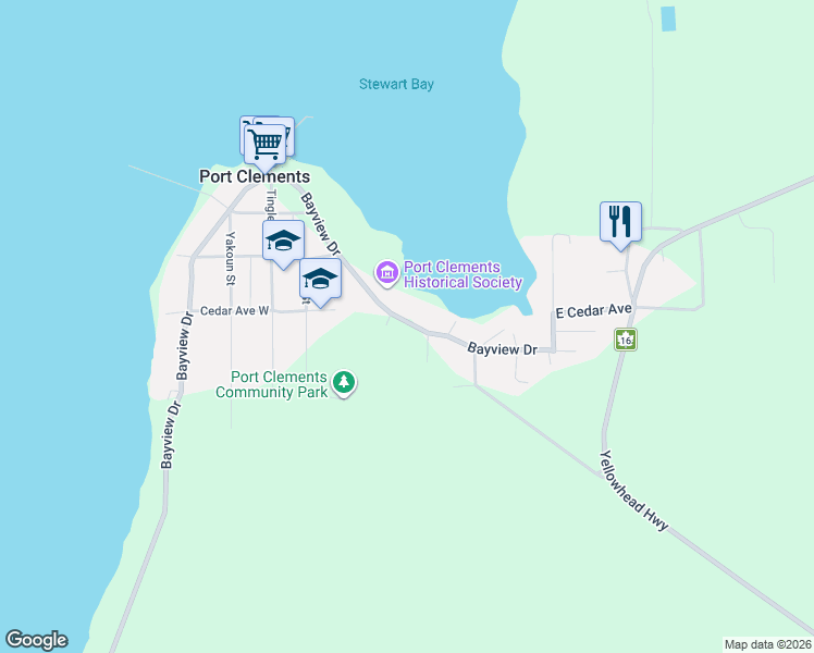 map of restaurants, bars, coffee shops, grocery stores, and more near 30 Bayview Drive in Tlell
