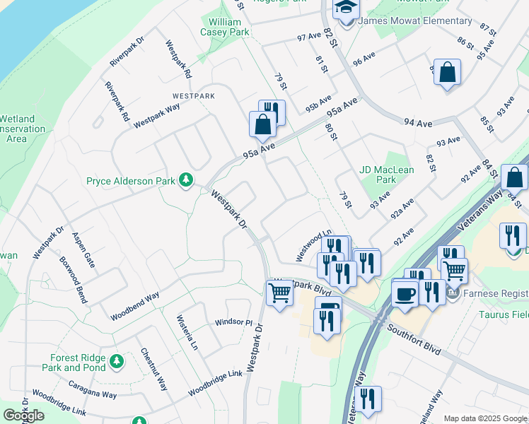 map of restaurants, bars, coffee shops, grocery stores, and more near 101 Westwood Green in Fort Saskatchewan