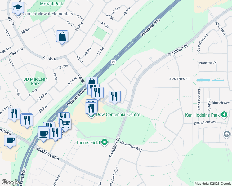 map of restaurants, bars, coffee shops, grocery stores, and more near Galloway Wynd in Fort Saskatchewan