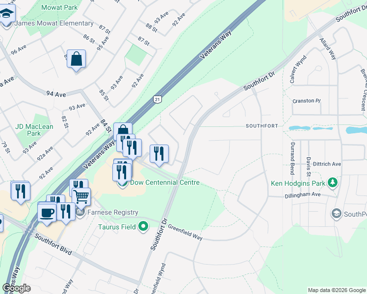 map of restaurants, bars, coffee shops, grocery stores, and more near 81 Galloway Wynd in Fort Saskatchewan
