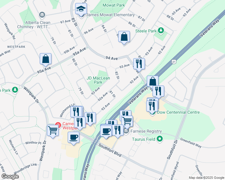 map of restaurants, bars, coffee shops, grocery stores, and more near 9225 81 Street in Fort Saskatchewan