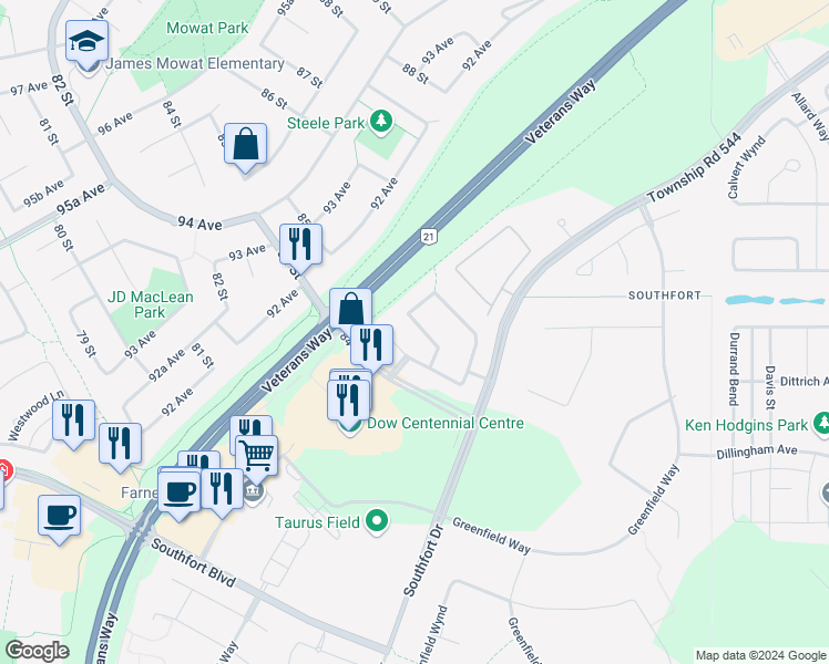 map of restaurants, bars, coffee shops, grocery stores, and more near 177 Galloway Wynd in Fort Saskatchewan