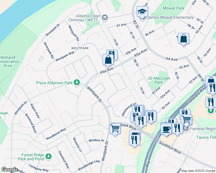 map of restaurants, bars, coffee shops, grocery stores, and more near 1-29 Westwood Way in Fort Saskatchewan