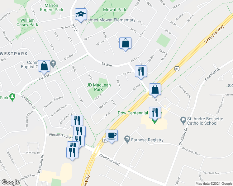 map of restaurants, bars, coffee shops, grocery stores, and more near 8122 92A Avenue in Fort Saskatchewan