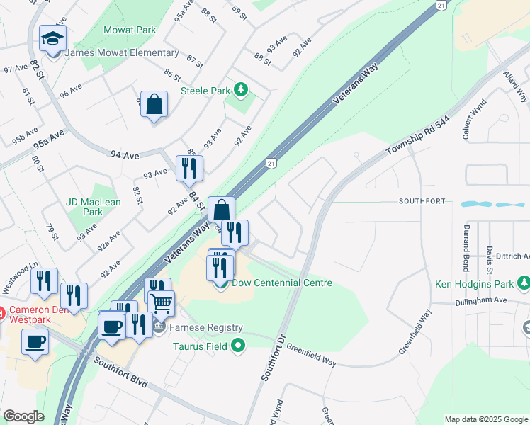 map of restaurants, bars, coffee shops, grocery stores, and more near 164 Galloway Wynd in Fort Saskatchewan