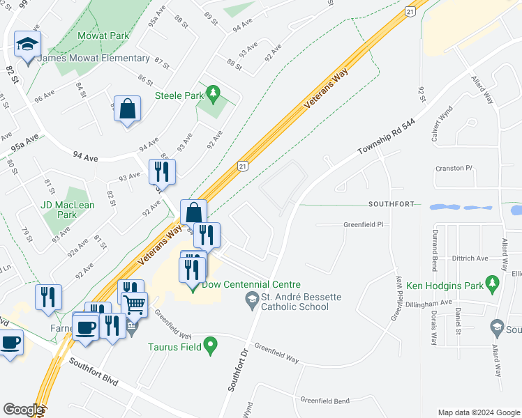 map of restaurants, bars, coffee shops, grocery stores, and more near 113 Galloway Wynd in Fort Saskatchewan