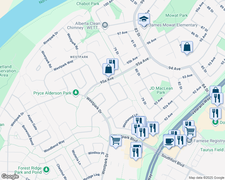 map of restaurants, bars, coffee shops, grocery stores, and more near 1-29 Westwood Way in Fort Saskatchewan
