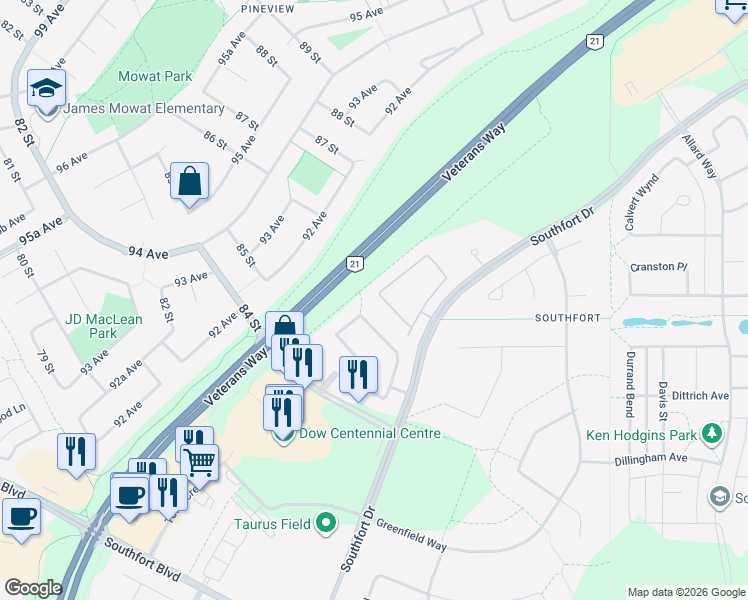 map of restaurants, bars, coffee shops, grocery stores, and more near 8602 Southfort Drive in Fort Saskatchewan