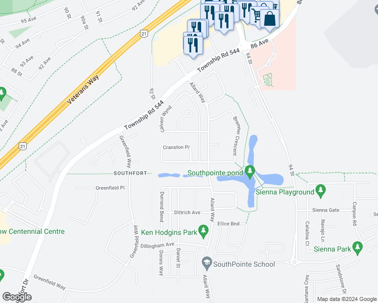 map of restaurants, bars, coffee shops, grocery stores, and more near 161 Cranston Place in Fort Saskatchewan