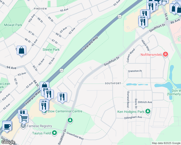 map of restaurants, bars, coffee shops, grocery stores, and more near 8702 Southfort Drive in Fort Saskatchewan