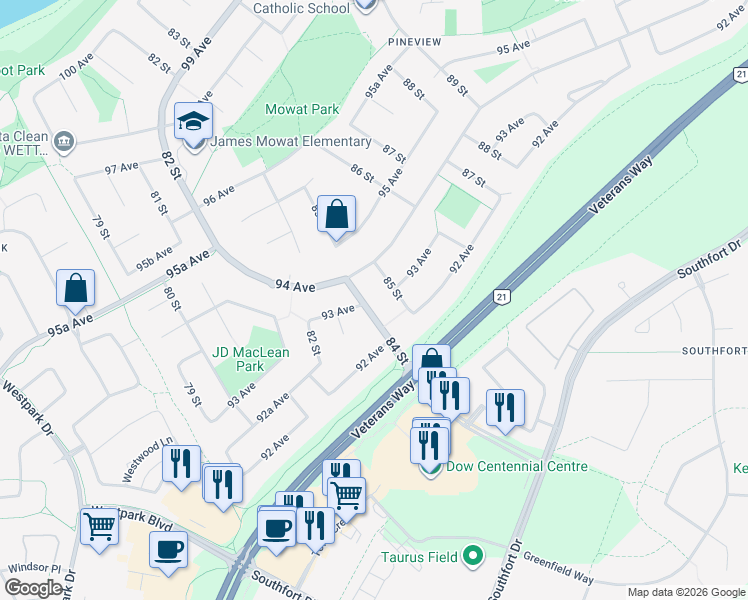 map of restaurants, bars, coffee shops, grocery stores, and more near 9233 84 Street in Fort Saskatchewan