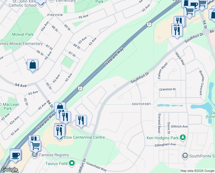 map of restaurants, bars, coffee shops, grocery stores, and more near 8802 Southfort Drive in Fort Saskatchewan