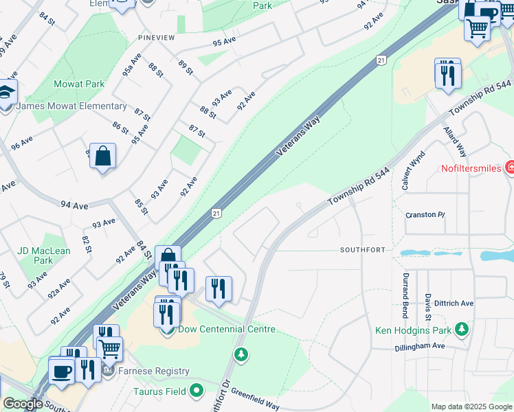 map of restaurants, bars, coffee shops, grocery stores, and more near 8702 Southfort Drive in Fort Saskatchewan