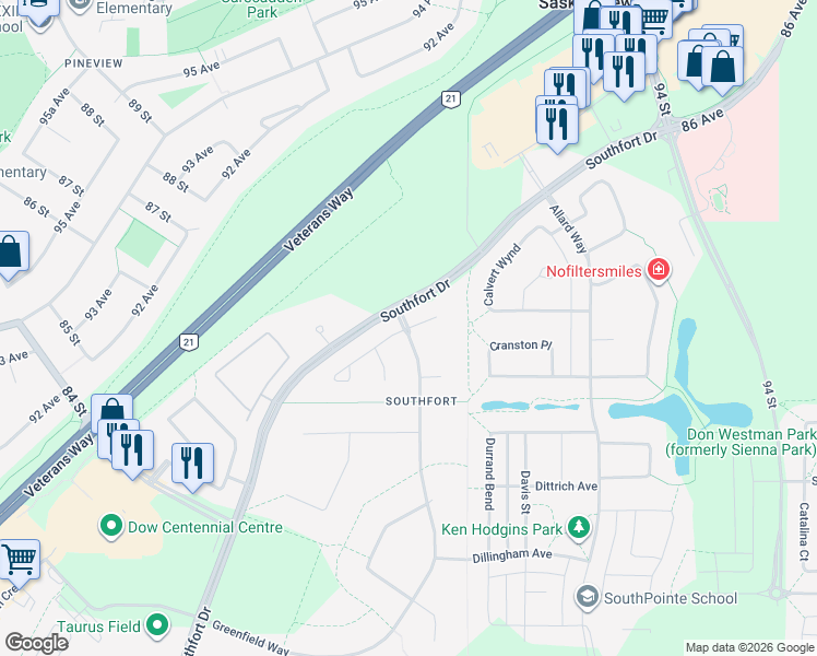 map of restaurants, bars, coffee shops, grocery stores, and more near Hillcrest Point in Fort Saskatchewan