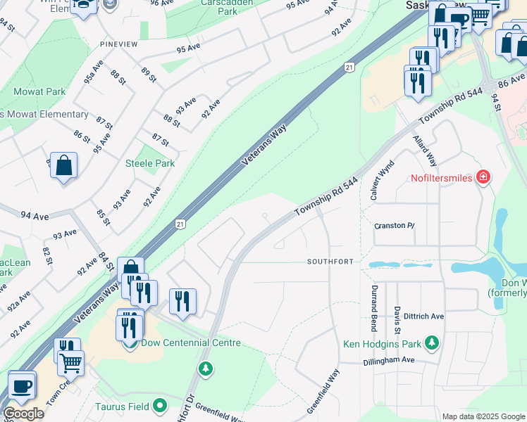 map of restaurants, bars, coffee shops, grocery stores, and more near 8702 Southfort Drive in Fort Saskatchewan