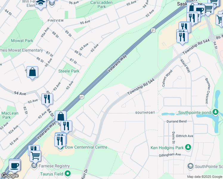 map of restaurants, bars, coffee shops, grocery stores, and more near 8802 Southfort Drive in Fort Saskatchewan
