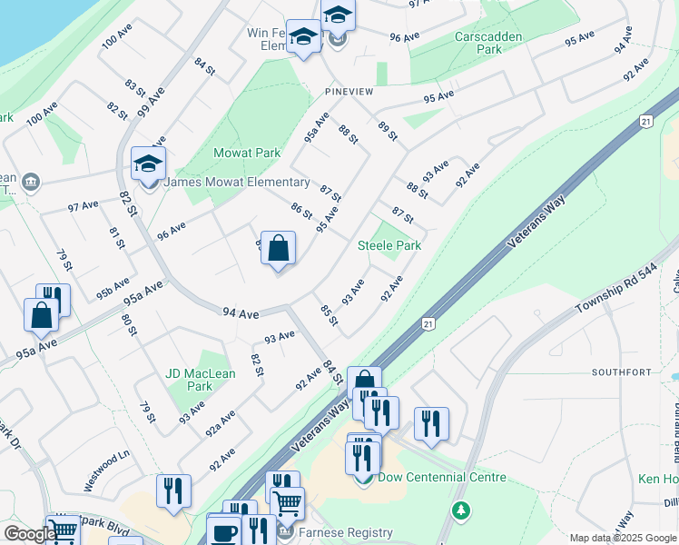 map of restaurants, bars, coffee shops, grocery stores, and more near 8523 94 Avenue in Fort Saskatchewan