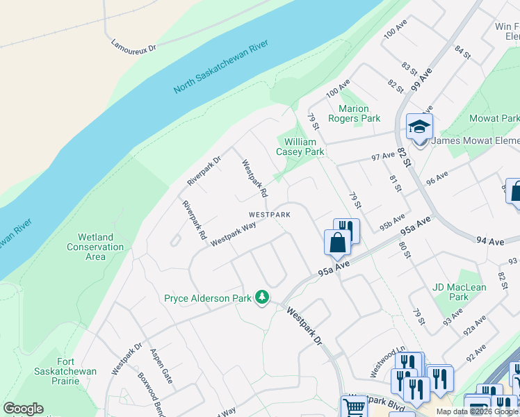 map of restaurants, bars, coffee shops, grocery stores, and more near 38 Parkwest Court in Fort Saskatchewan