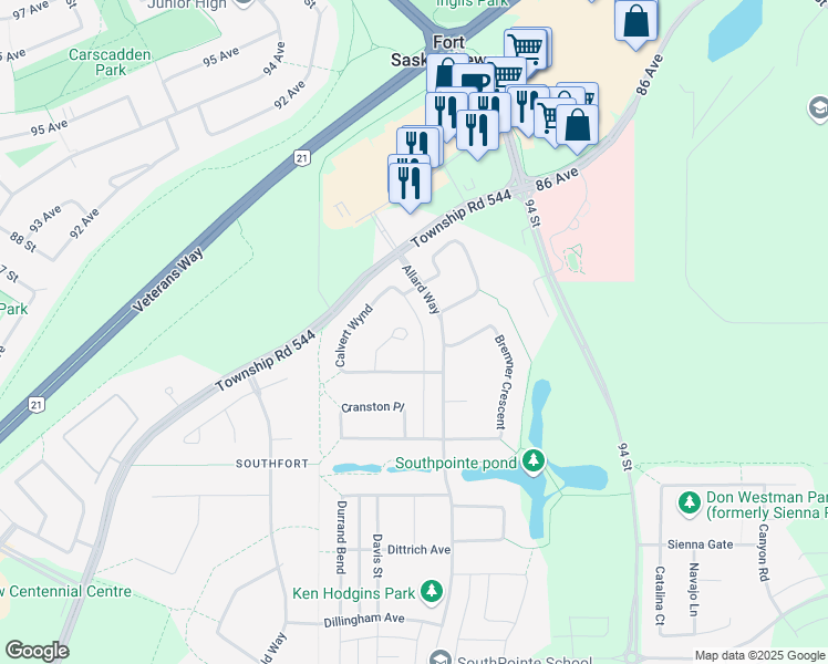 map of restaurants, bars, coffee shops, grocery stores, and more near 80 Campbell Court in Fort Saskatchewan