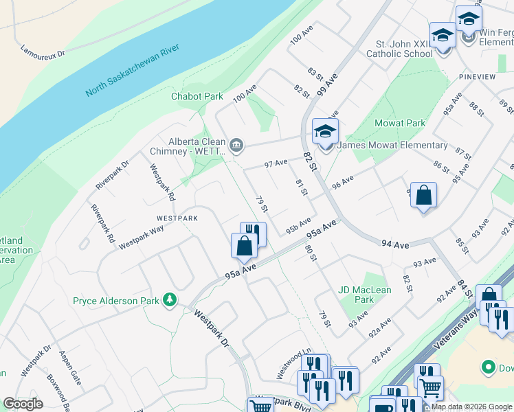 map of restaurants, bars, coffee shops, grocery stores, and more near 9618 79 Street in Fort Saskatchewan