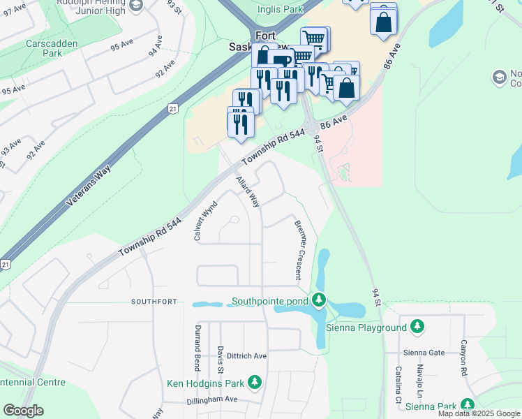 map of restaurants, bars, coffee shops, grocery stores, and more near 159 Allard Way in Fort Saskatchewan