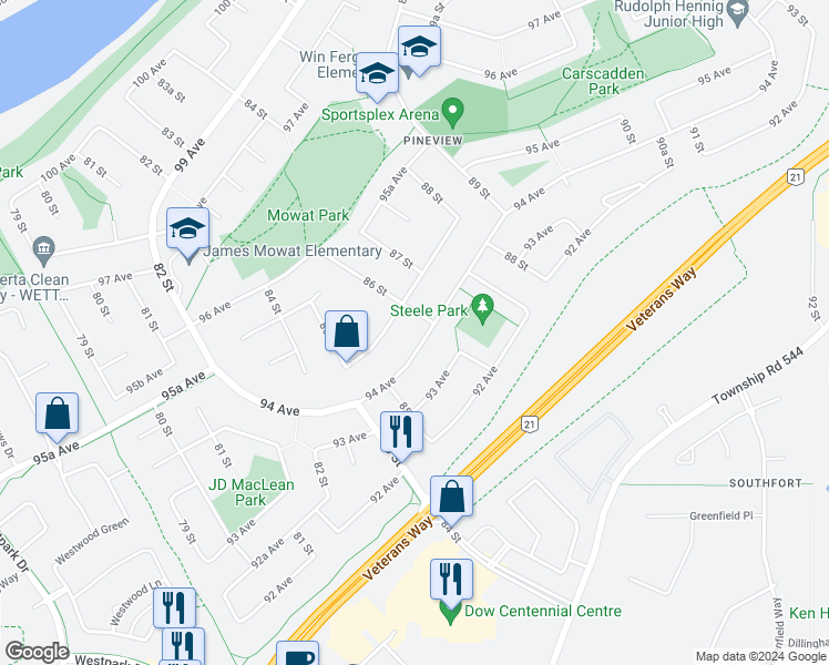 map of restaurants, bars, coffee shops, grocery stores, and more near 8523 94 Avenue in Fort Saskatchewan