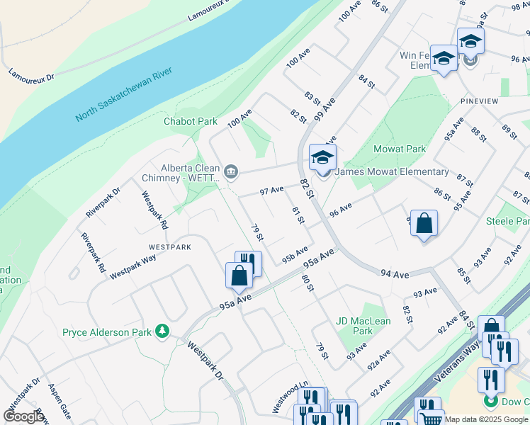 map of restaurants, bars, coffee shops, grocery stores, and more near 9618 80 Street in Fort Saskatchewan