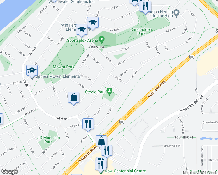 map of restaurants, bars, coffee shops, grocery stores, and more near 9232 87 Street in Fort Saskatchewan