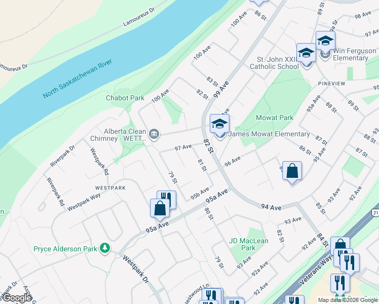 map of restaurants, bars, coffee shops, grocery stores, and more near 9638 81 Street in Fort Saskatchewan
