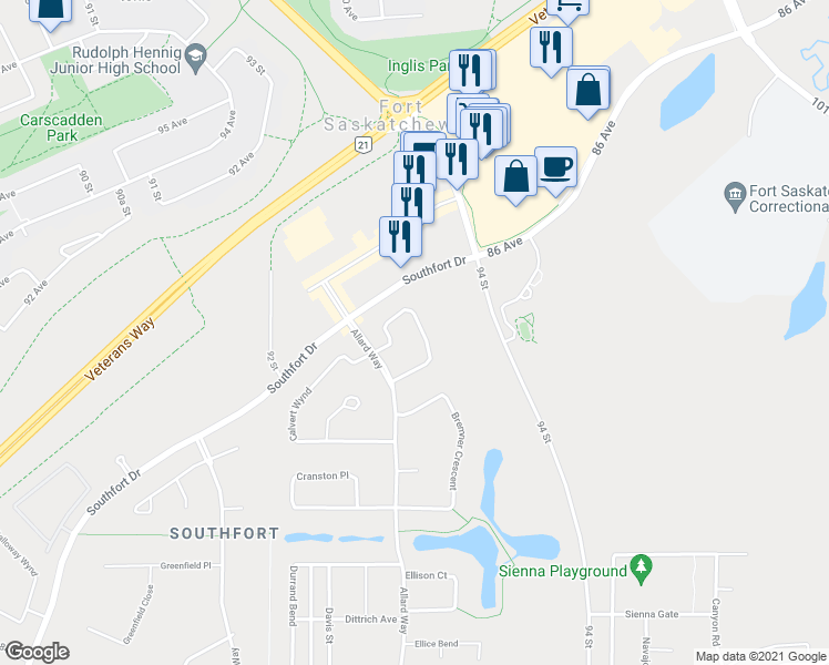 map of restaurants, bars, coffee shops, grocery stores, and more near 83 Becker Crescent in Fort Saskatchewan