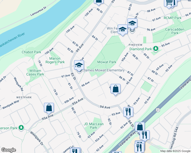 map of restaurants, bars, coffee shops, grocery stores, and more near 8238 96 Avenue in Fort Saskatchewan