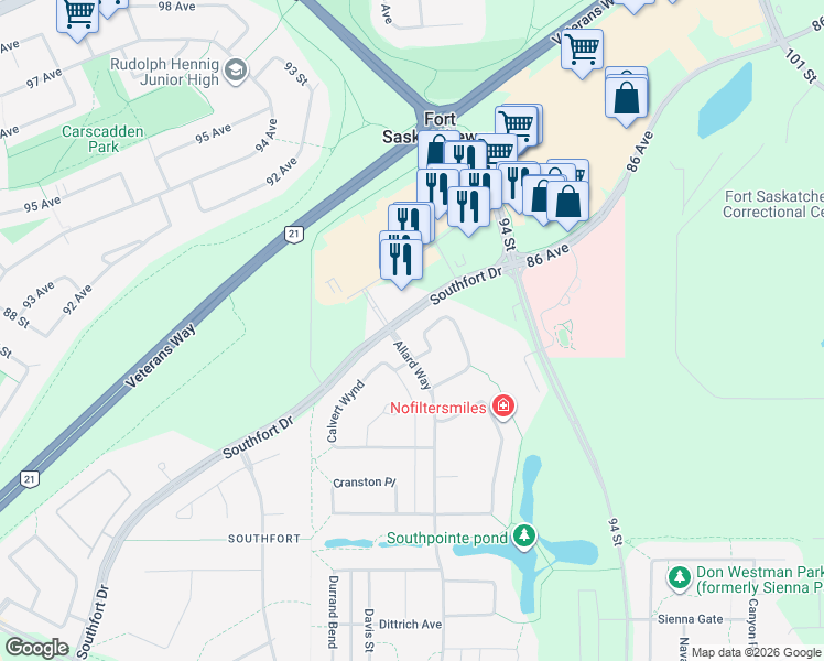 map of restaurants, bars, coffee shops, grocery stores, and more near 20 Becker Crescent in Fort Saskatchewan