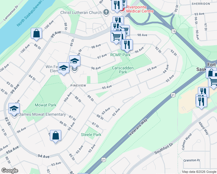 map of restaurants, bars, coffee shops, grocery stores, and more near 95 Avenue in Fort Saskatchewan